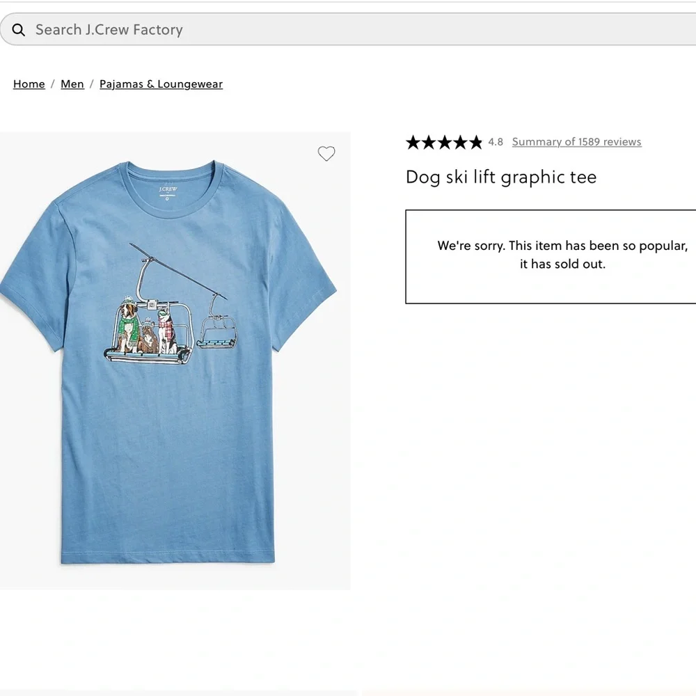 NWT J Crew Factory Dog ski lift graphic blue cotton tee winter Sold out XL - Picture 3 of 6